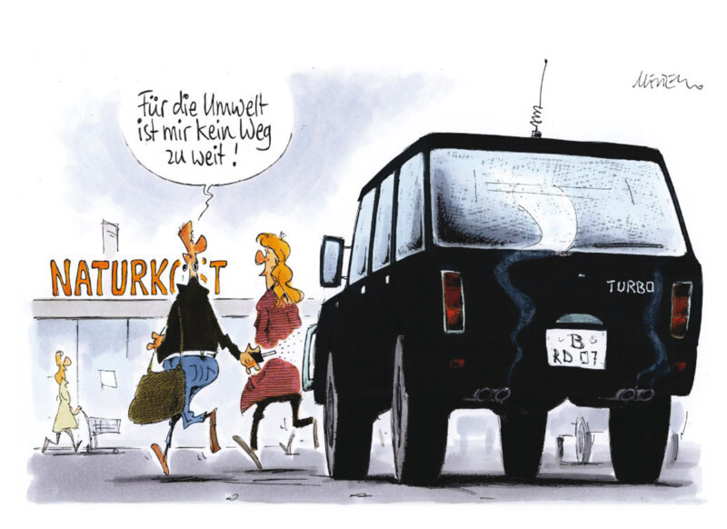 Karikatur Auto Naturkostladen
