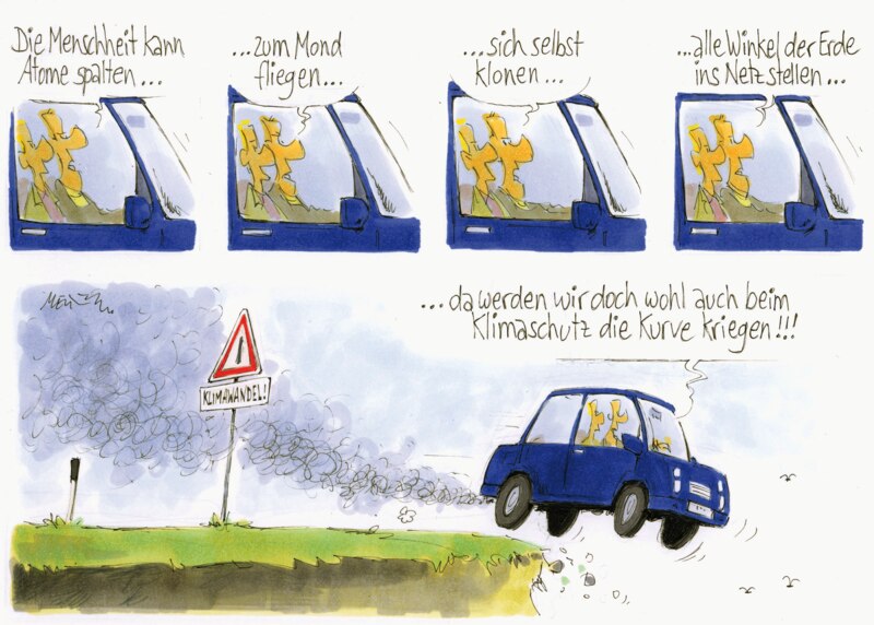 Karikatur Klimaschutz Bergklippe